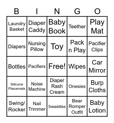 Baby Shower Gifts Bingo Card
