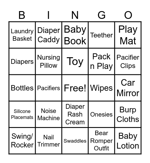 Baby Shower Gifts Bingo Card