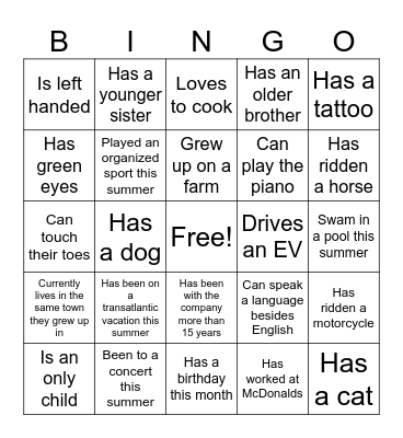 Mingle Bingo Card