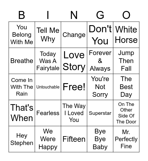 Taylor Swift (Fearless) Bingo Card