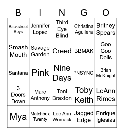 2000 Music Bingo Card