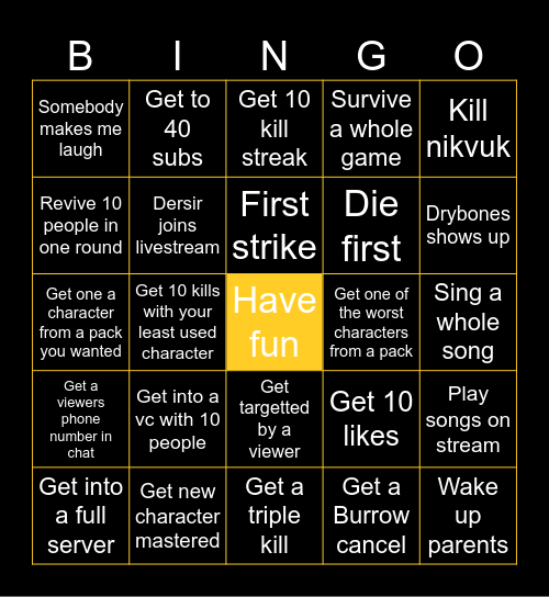 Livestream bingo Card