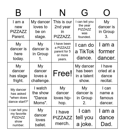 Dance Community Bingo Card