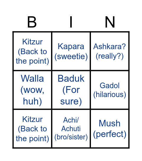 Israelia slang Bingo Card