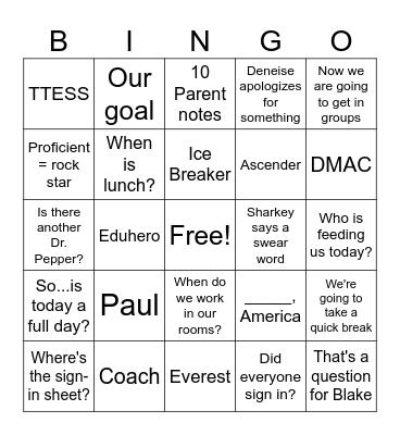 Inservice Bingo Card