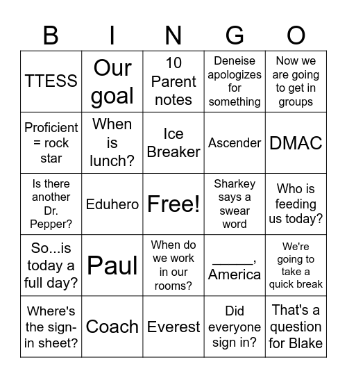 Inservice Bingo Card