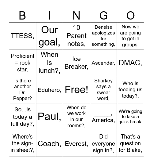 Inservice Bingo Card