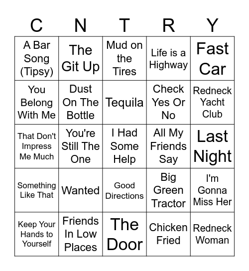 Country Pop Bingo Card