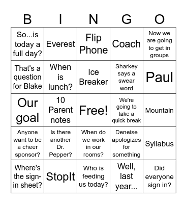 Inservice Bingo Card