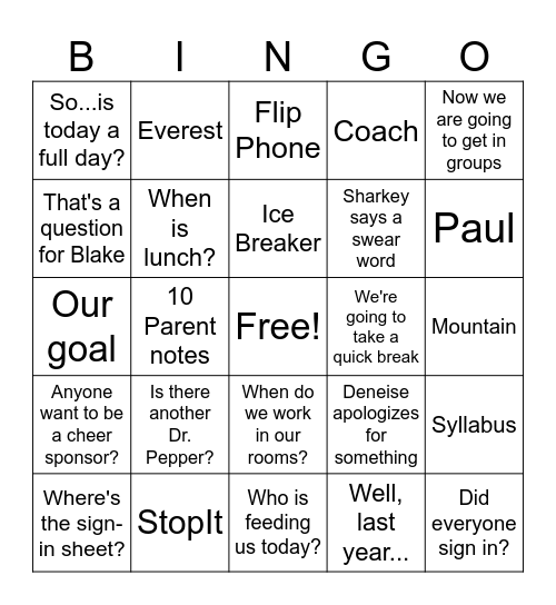 Inservice Bingo Card