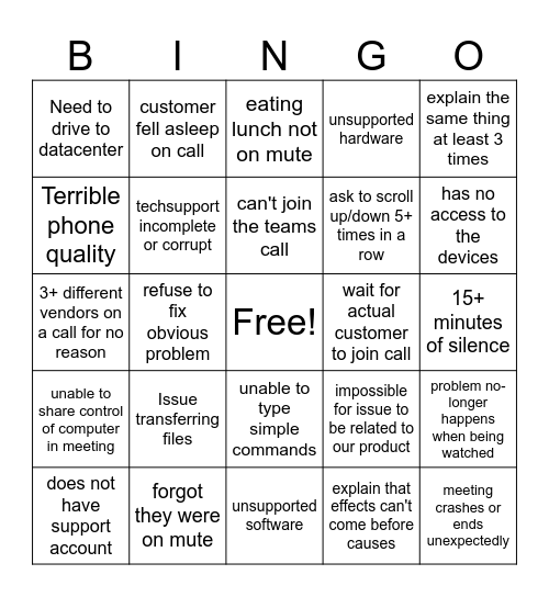 Support Bingo Card