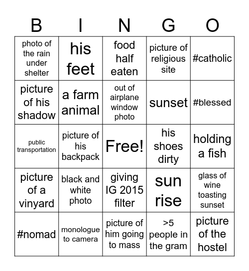 Nicks Trip Bingo Card