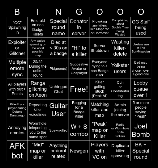 The Midnight Horrors Experience Bingo Card