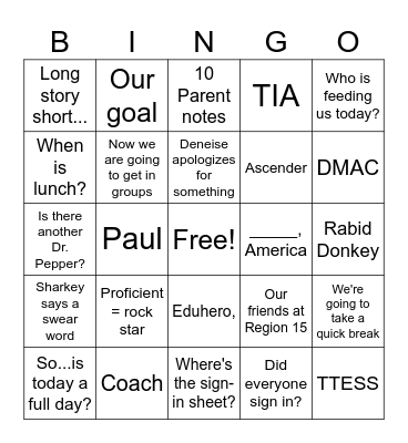 Inservice Bingo Card