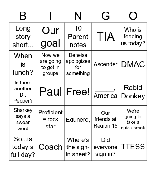 Inservice Bingo Card