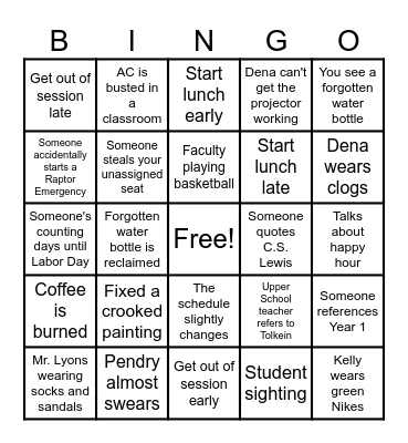 GHA Upper School BINGO Card