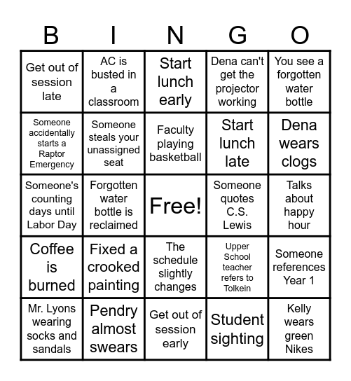 GHA Upper School BINGO Card