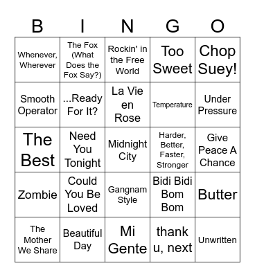 International Hits Bingo Card