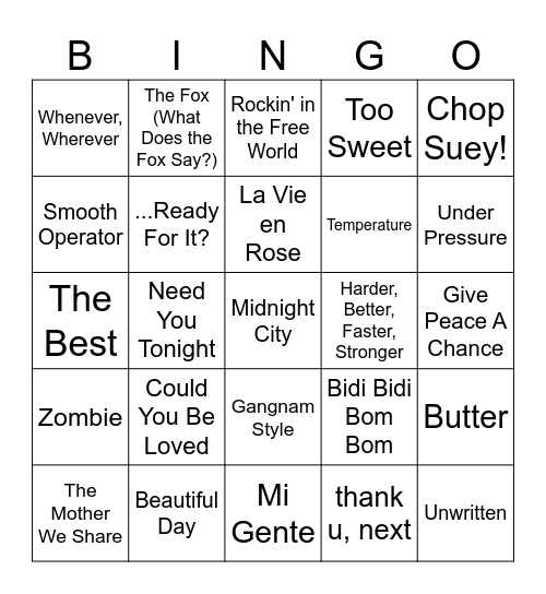 International Hits Bingo Card
