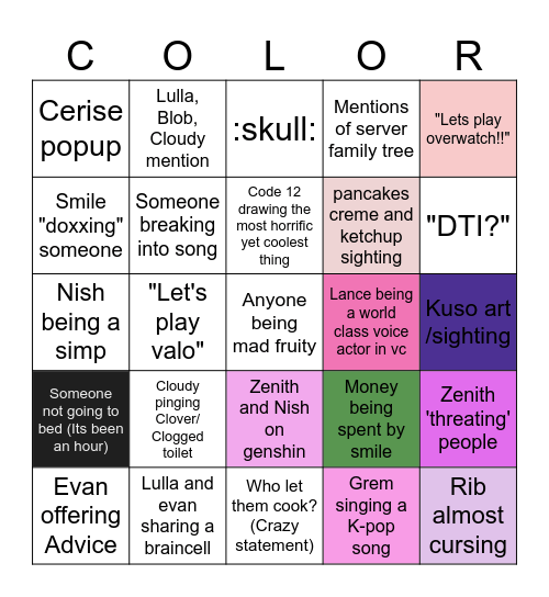 NoColor Bingo Card