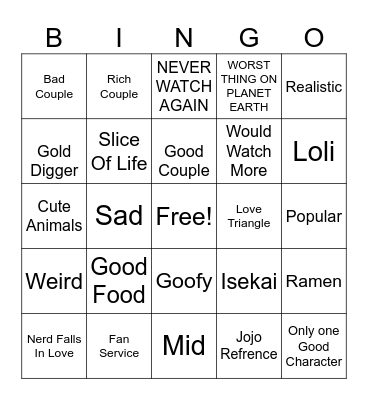 Anime Bingo Card