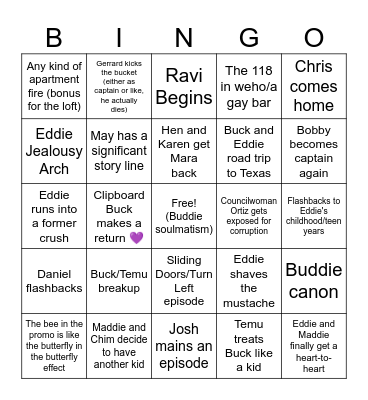 911 Season 8 Bingo Card
