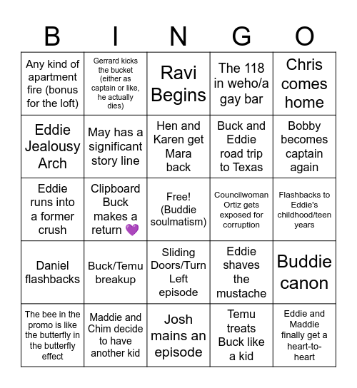 911 Season 8 Bingo Card