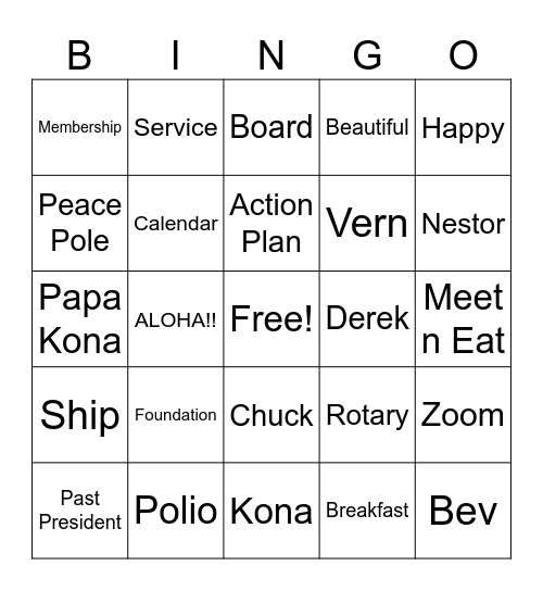 Rotary Club Kona Sunriser Bingo Card