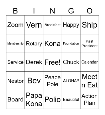 Rotary Club Kona Sunrise Bingo Card