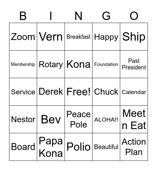 Rotary Club Kona Sunrise Bingo Card