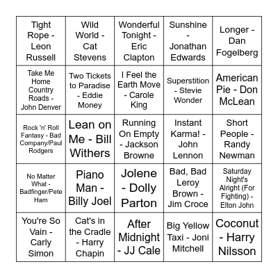 70's Singer-Songwriters Bingo Card