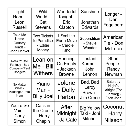 70's Singer-Songwriters Bingo Card