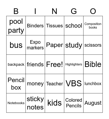 School Supplies Bingo Card