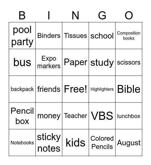 School Supplies Bingo Card