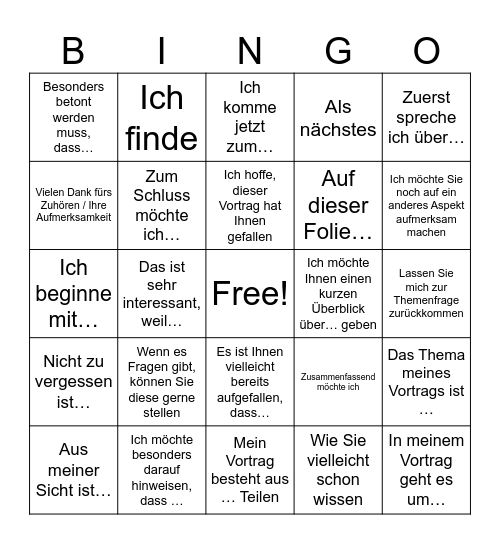 Presentational Language Bingo Card