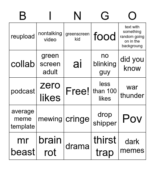 youtube bingo Card