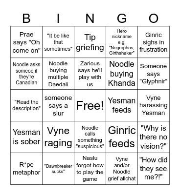 Dota with the boys Bingo Card