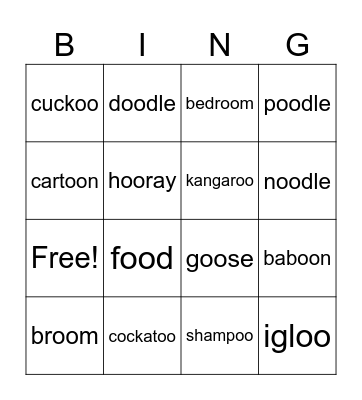 Long OO Words Bingo Card