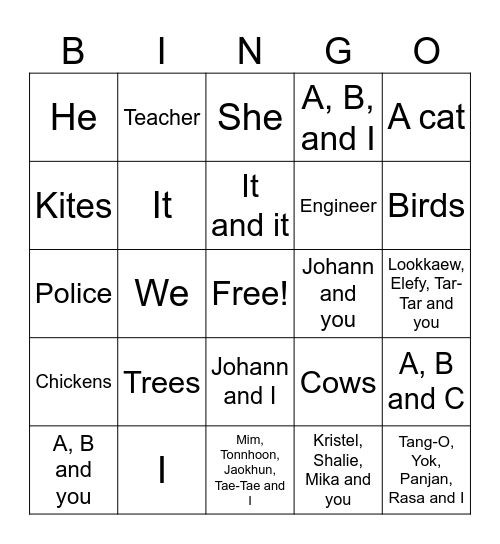 Pronouns Bingo Card