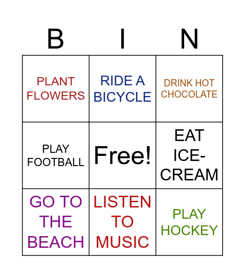 MY WINTER HOLIDAYS- BINGO Card