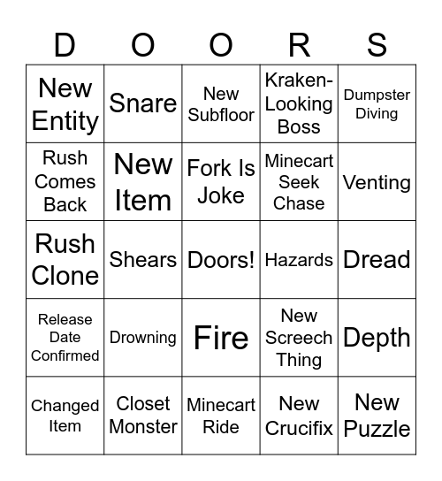 Doors Floor 2 Bingo Card