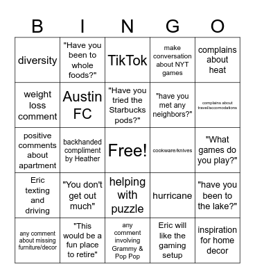 Eric + Heather Visit Bingo Card