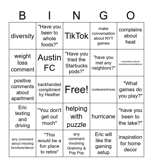 Eric + Heather Visit Bingo Card