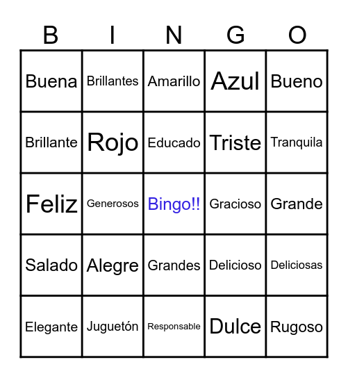 Bingo de Adjetivos Bingo Card