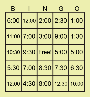 DIGITAL TIME BINGO Card
