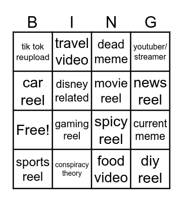 Instagram reel bingo Card
