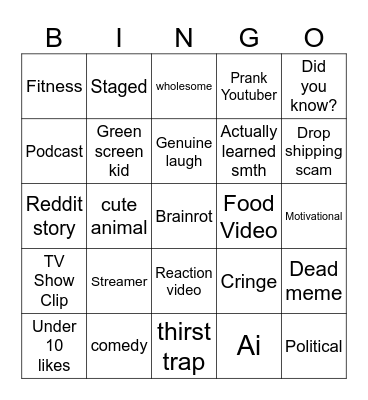 Youtube shorts bingo Card