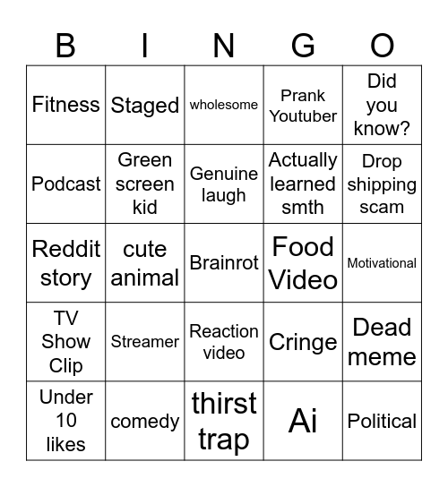 Youtube shorts bingo Card