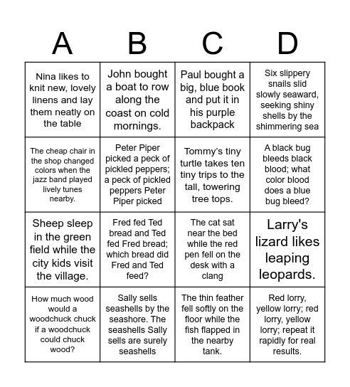 Tongue Twister Bingo Card