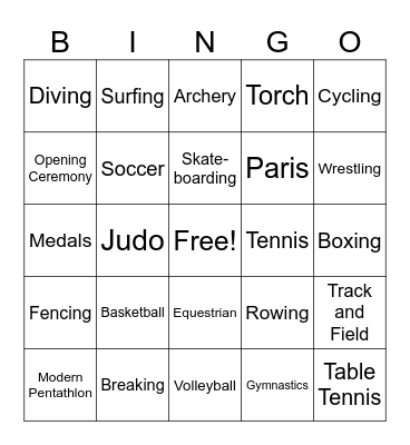 Summer Olympics Bingo Card